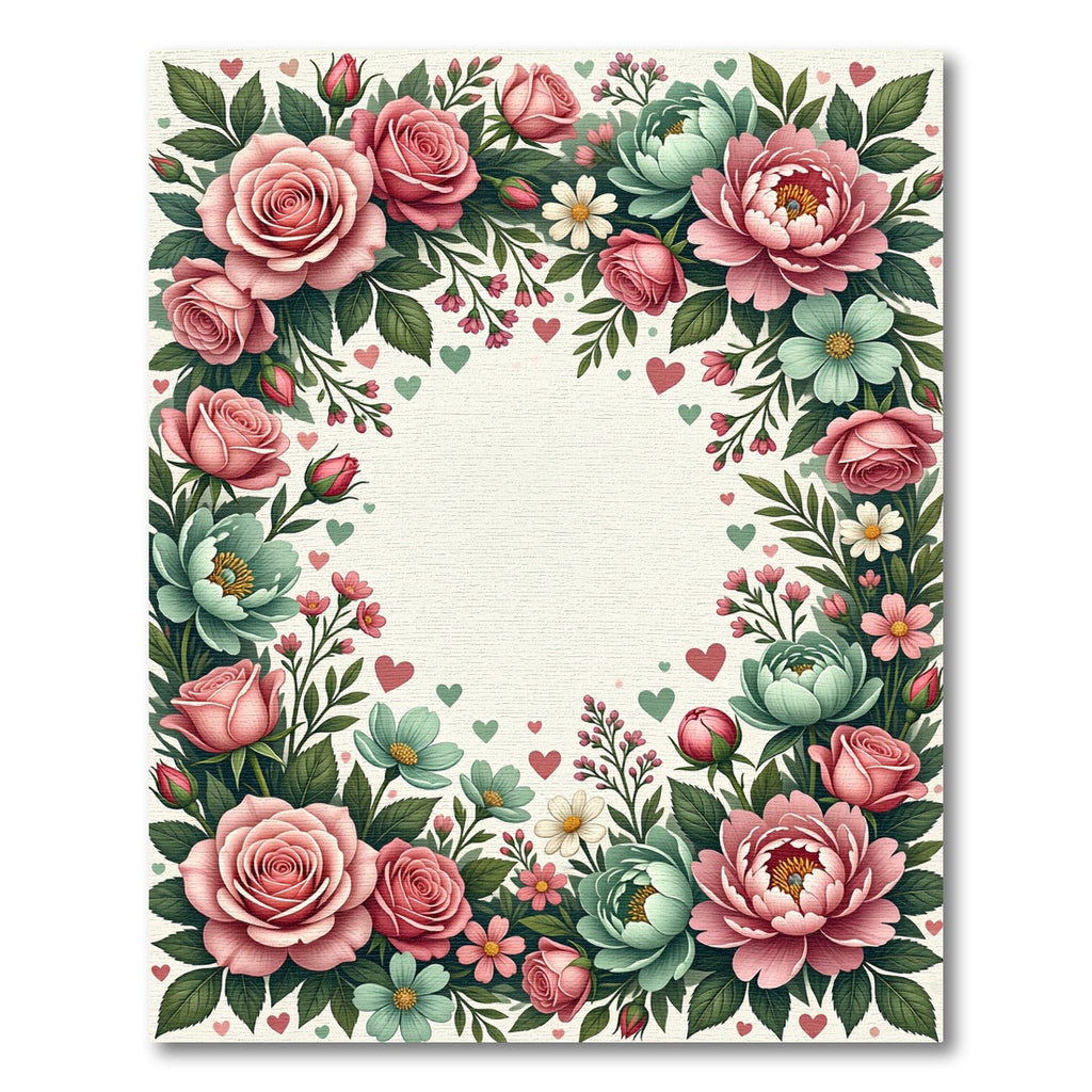 Pink Coral Green Floral Heart Border Rug