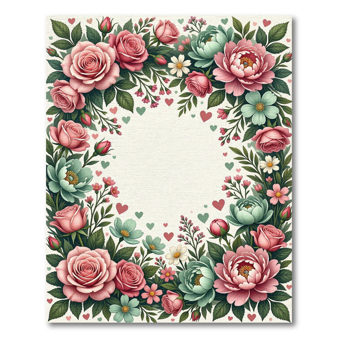 Pink Coral Green Floral Heart Border Rug