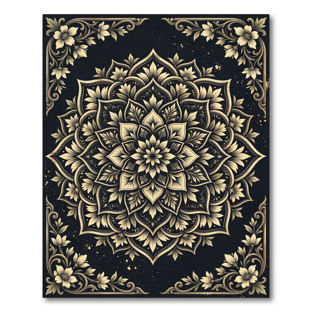 Ornate Gold Floral Mandala Ebony Backdrop Rug