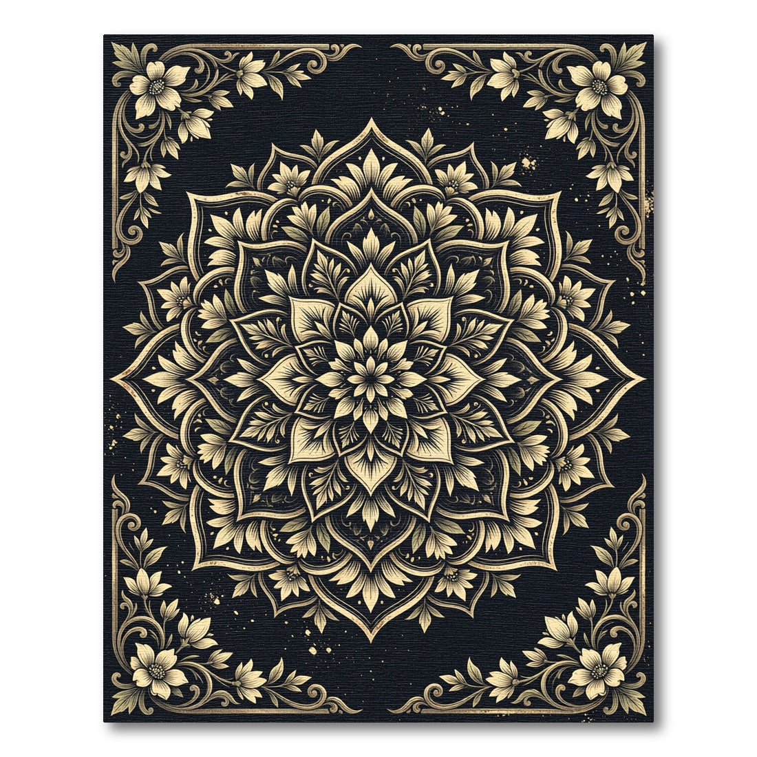 Ornate Gold Floral Mandala Ebony Backdrop Rug
