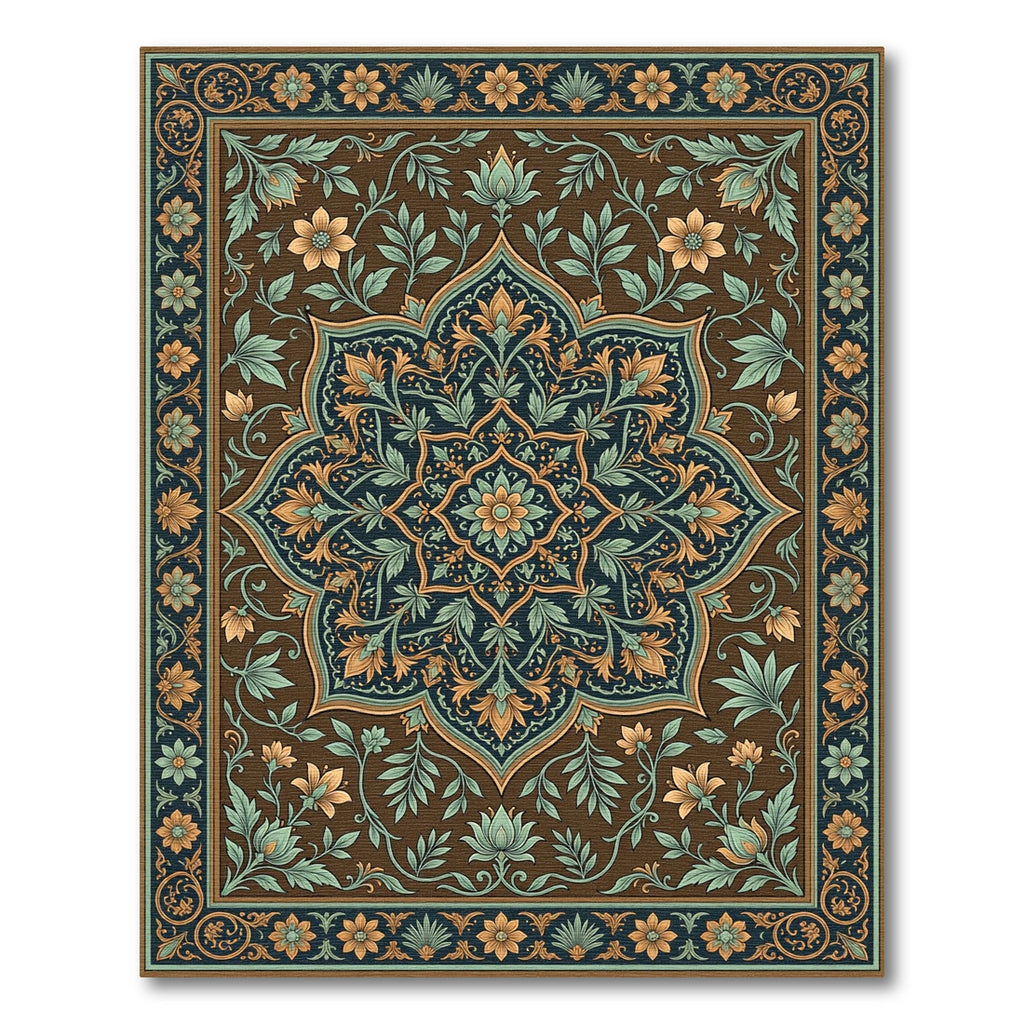 Intricate Sepia Teal Botanical Art Rug