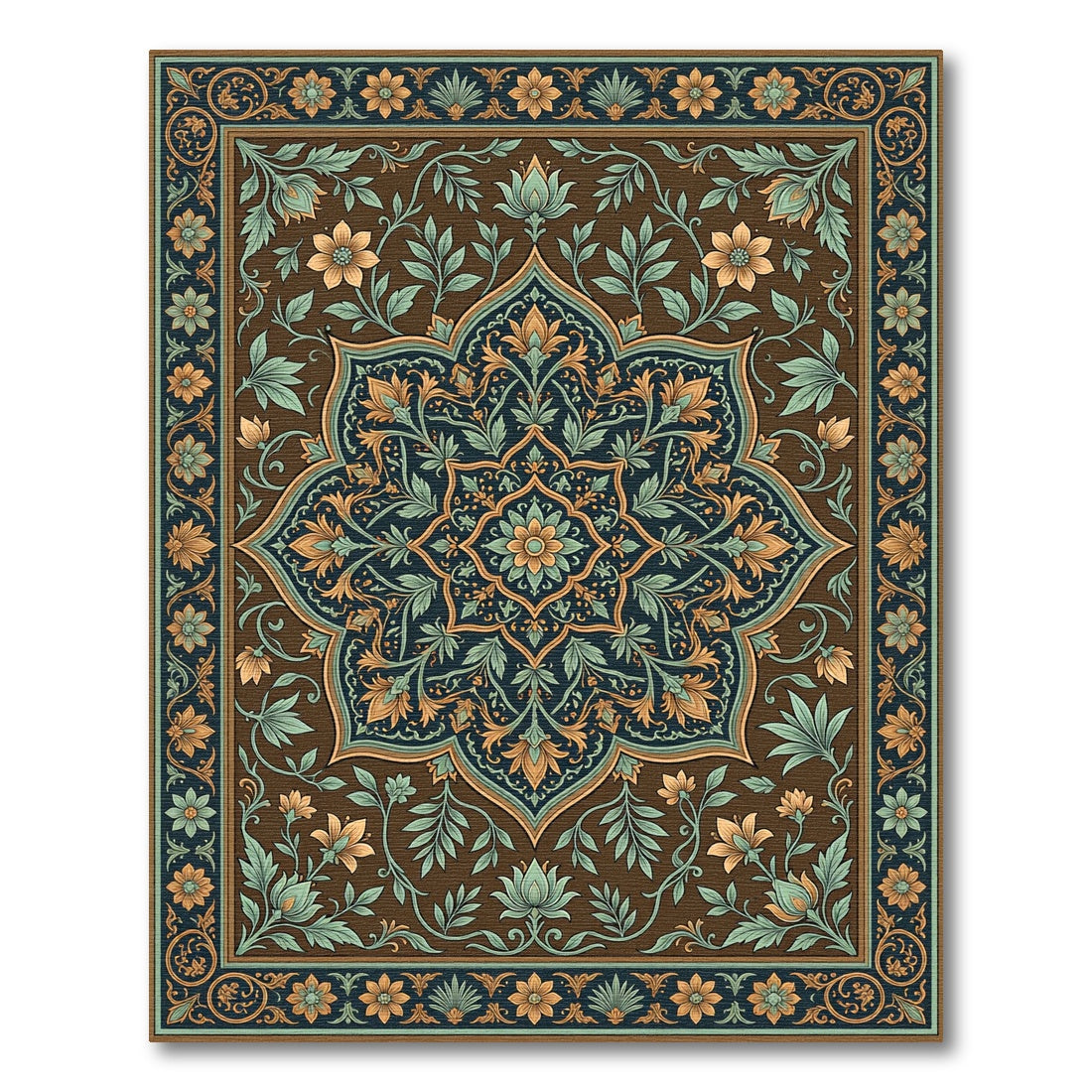 Intricate Sepia Teal Botanical Art Rug