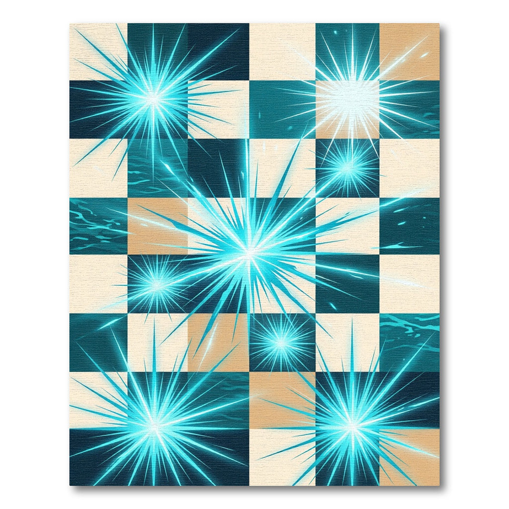 Cyan Starbursts Grid Composition Rug