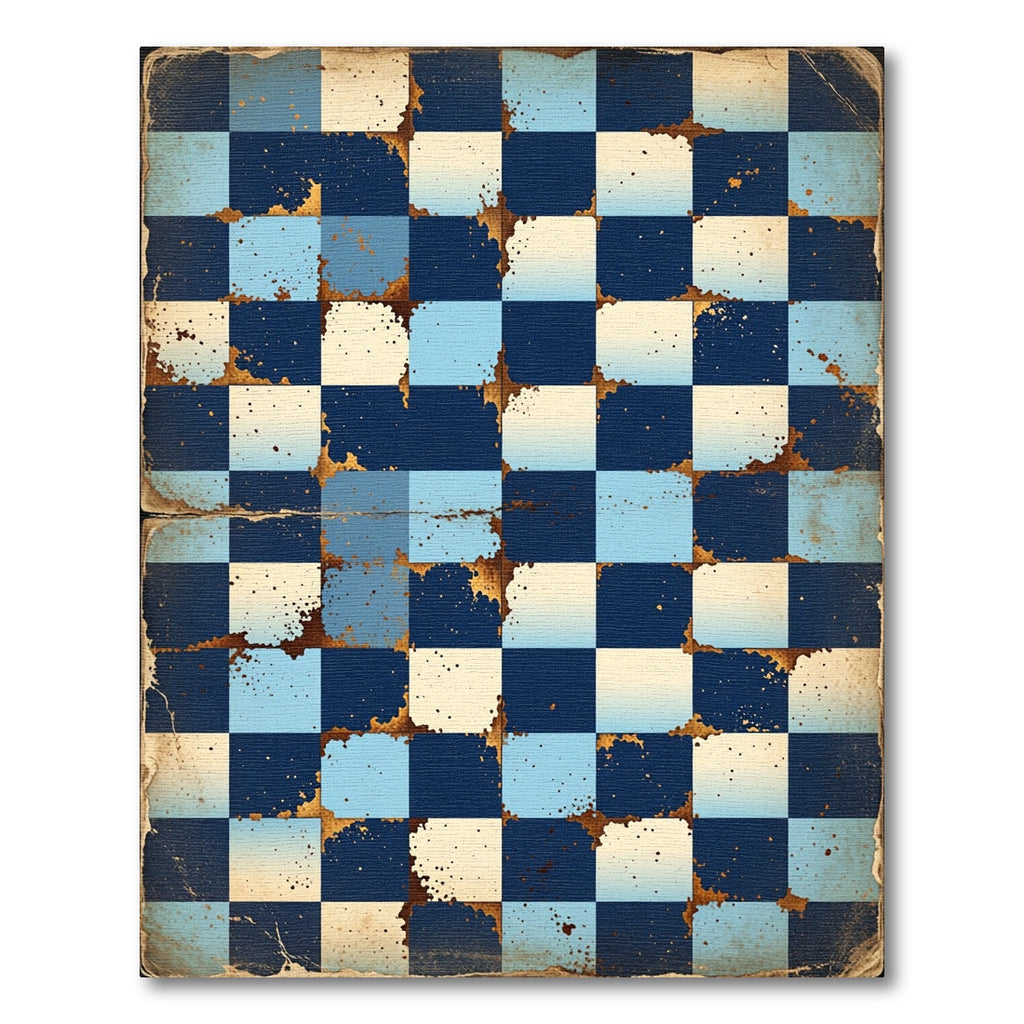 Vintage Blue Grungy Checkered Squares Rug