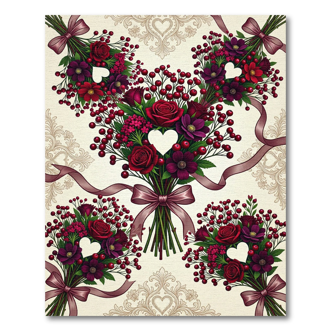Deep Red Floral Heart Ribbon Bundles Rug