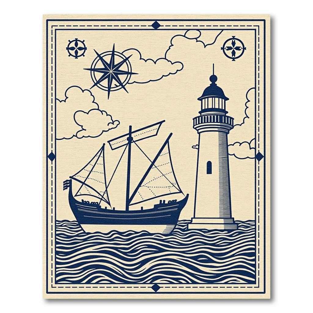 Nautical Ship Lighthouse Blue Wave Rug