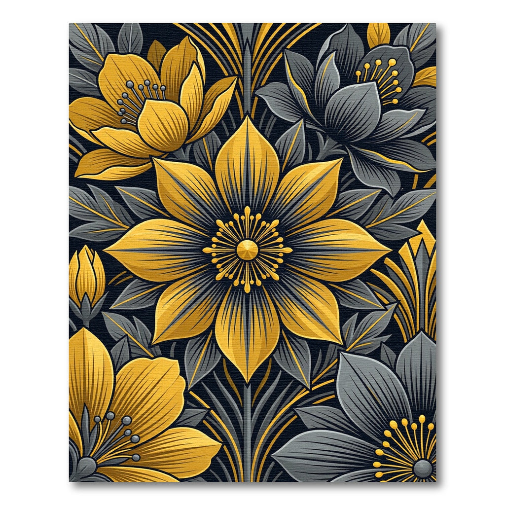Elegant Gold and Charcoal Floral Arrangement Rug