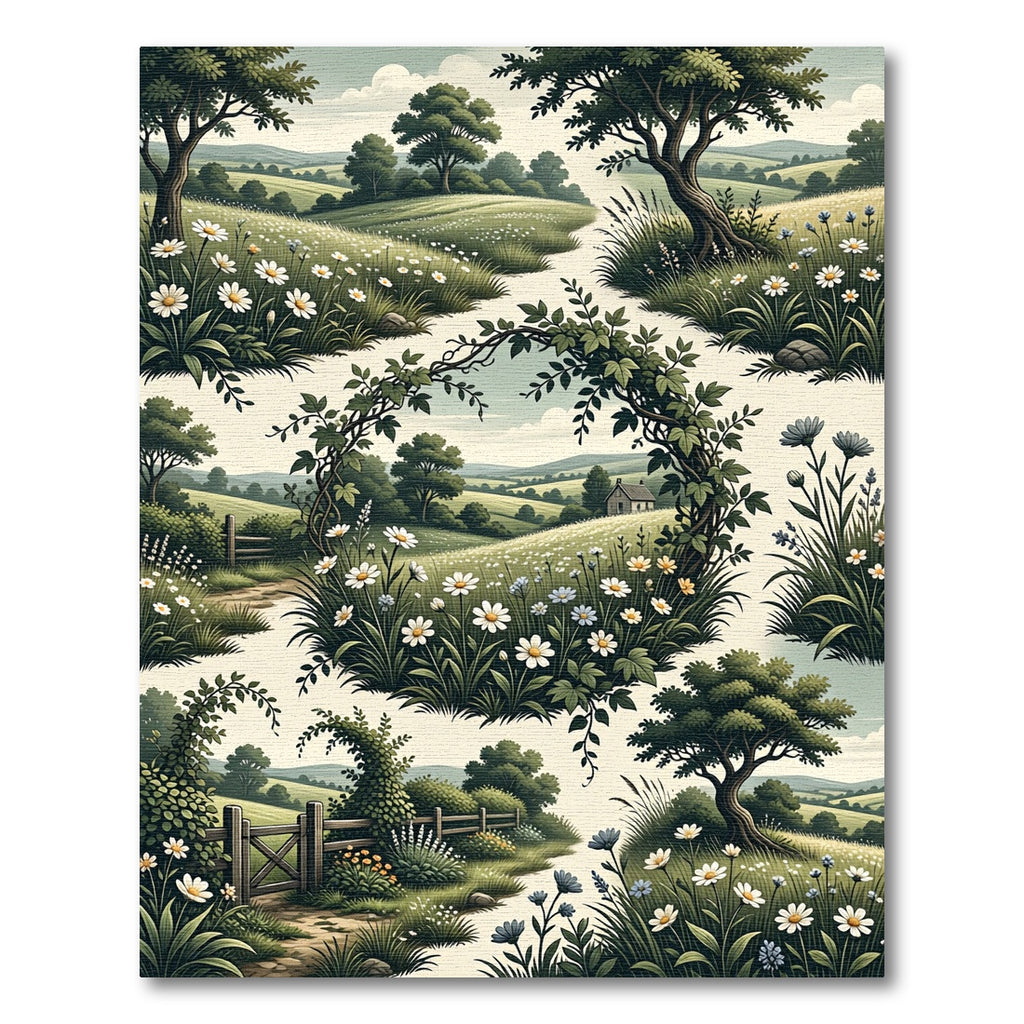 Whimsical Countryside Wildflower Meadow Landscape Rug
