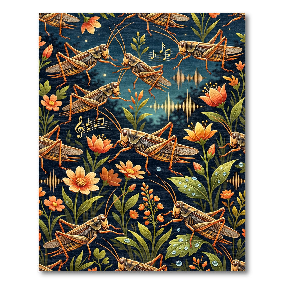 Golden Grasshopper Meadow Nocturnal Illustration Rug