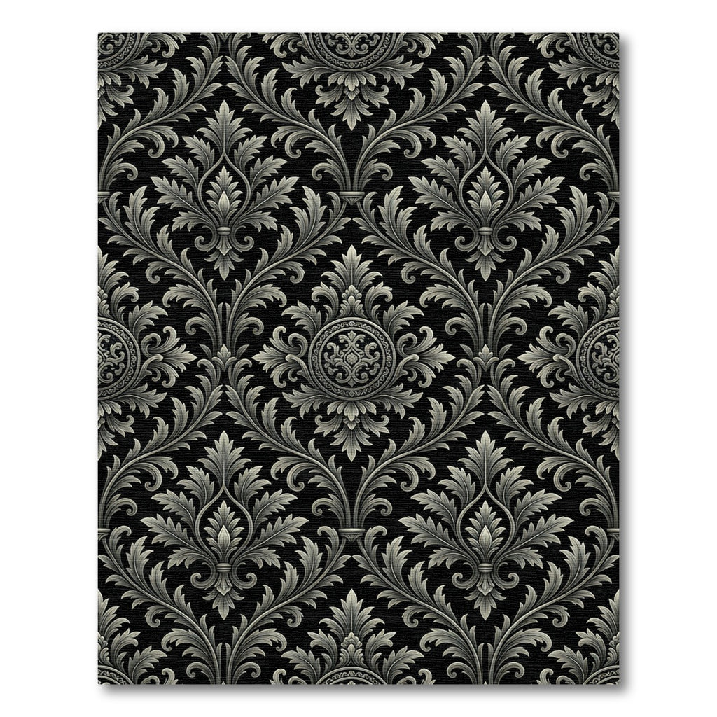 Elegant Silver Damask Scroll Black Rug
