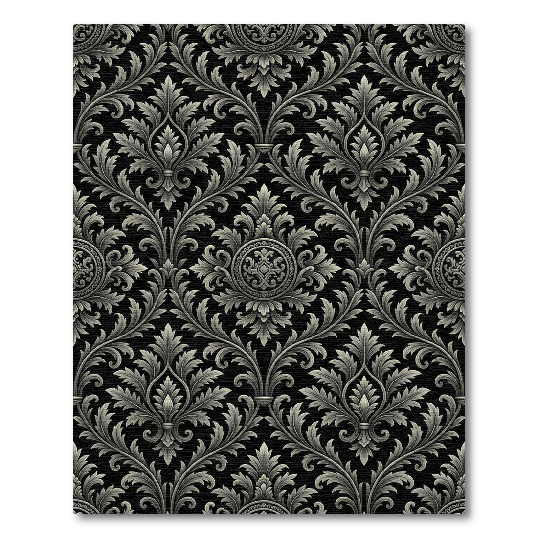Elegant Silver Damask Scroll Black Rug