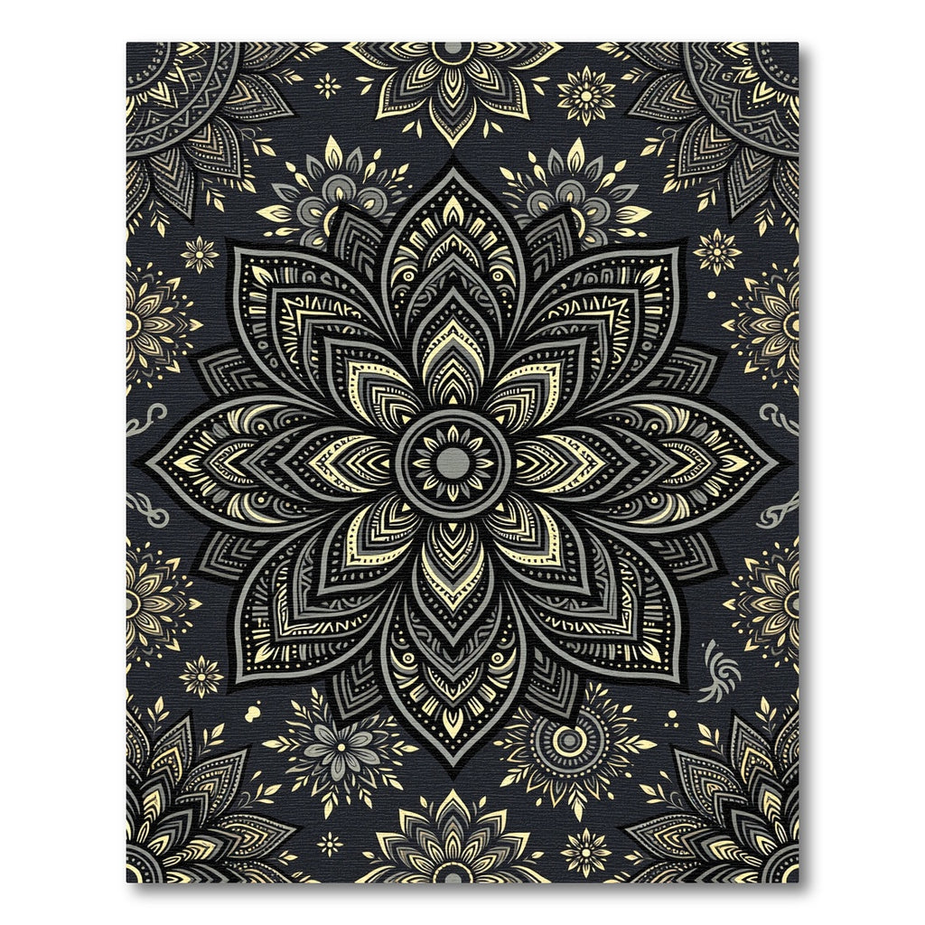 Elegant Charcoal and Gold Mandala Rug