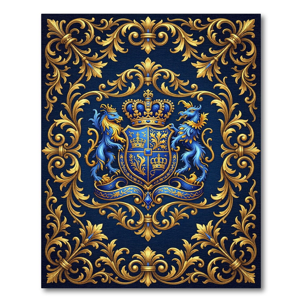 Royal Blue Gold Heraldic Crest Tapestry Rug