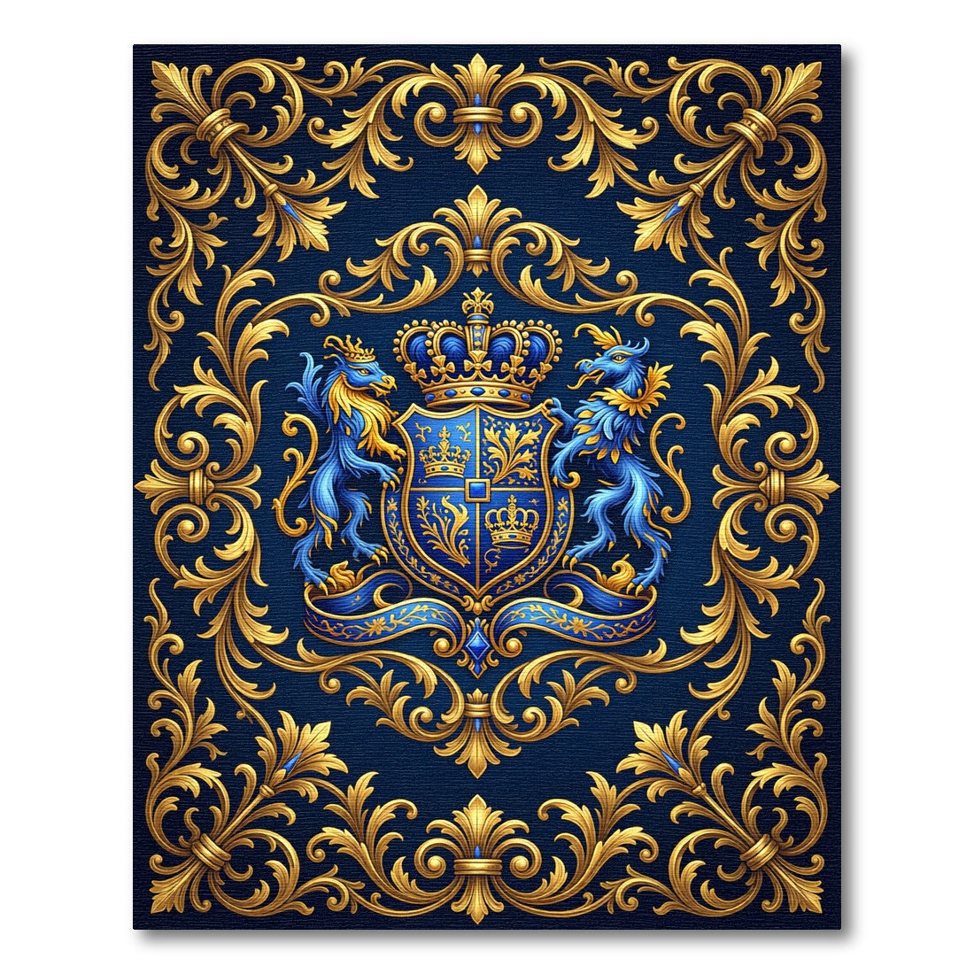 Royal Blue Gold Heraldic Crest Tapestry Rug