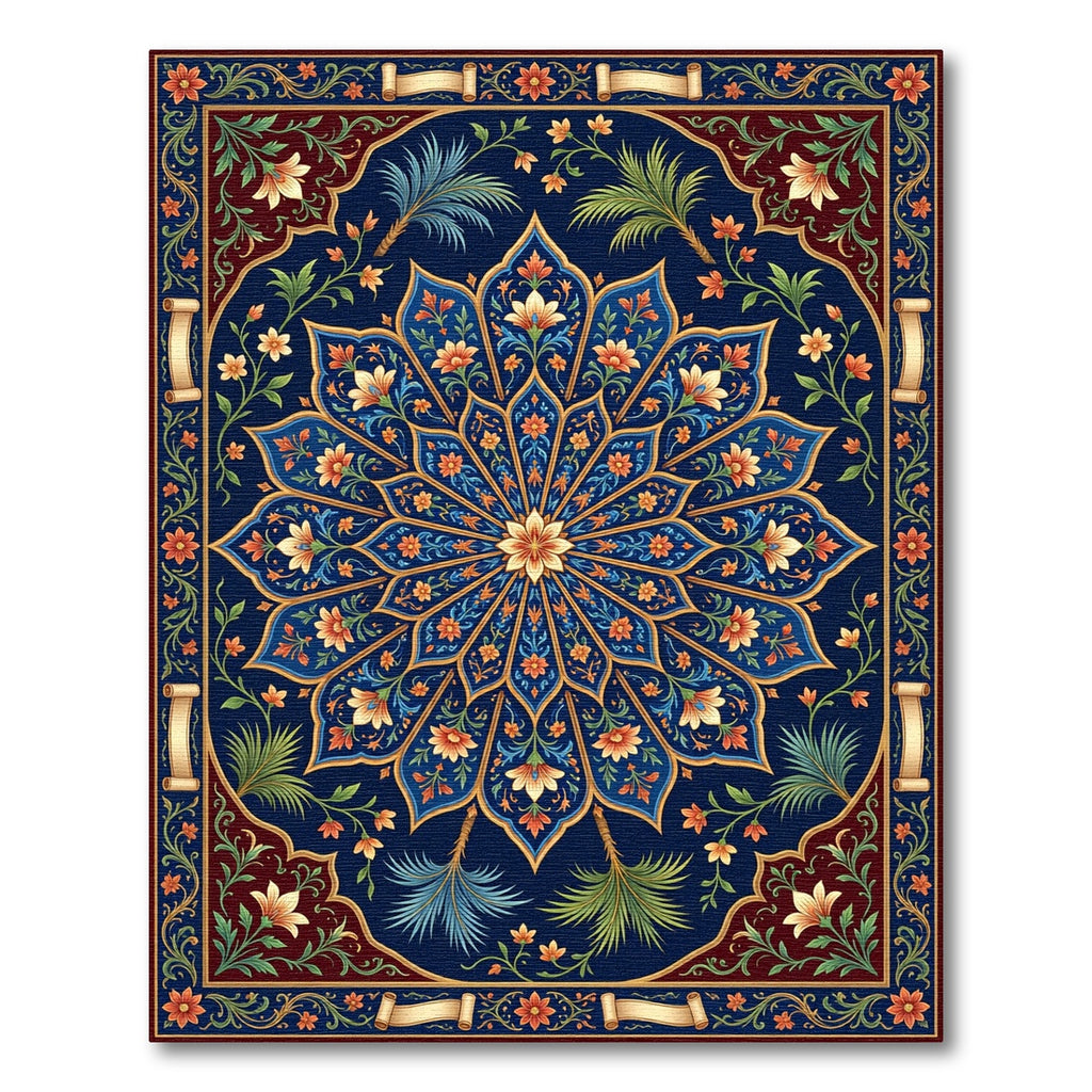 Deep Blue Floral Medallion Botanical Art Rug