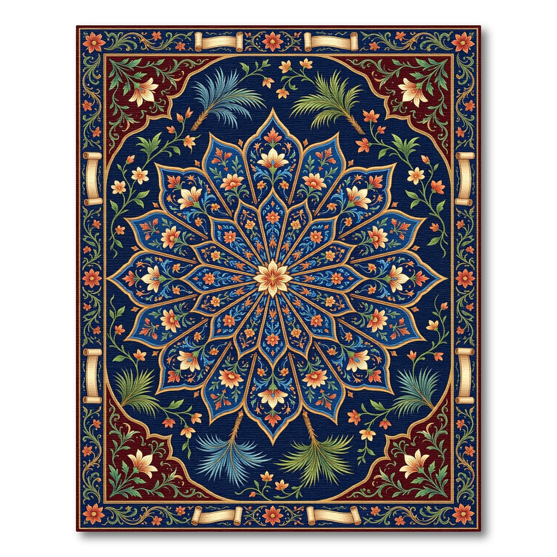 Deep Blue Floral Medallion Botanical Art Rug