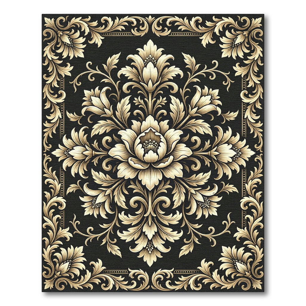 Elegant Gold Damask Black Floral Medallion Rug