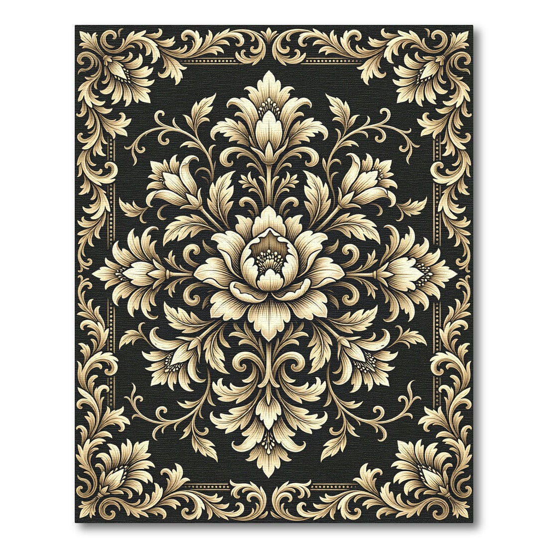 Elegant Gold Damask Black Floral Medallion Rug