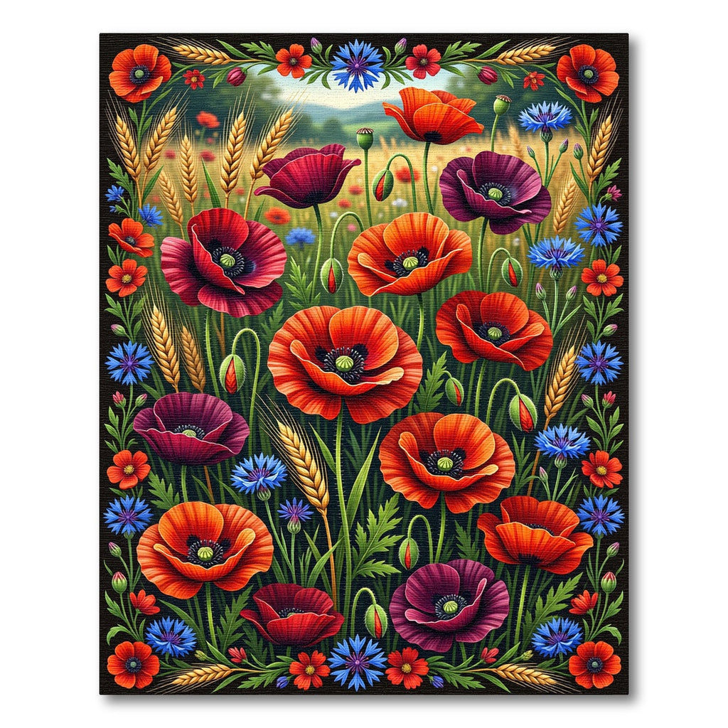 Vibrant Red Poppy Cornflower Wheat Field Rug