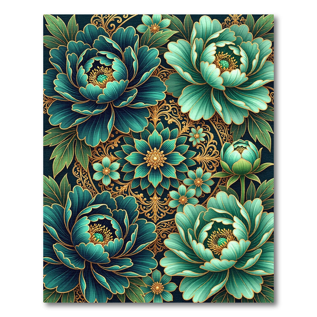 Emerald Teal Floral Gold Scrolls Rug