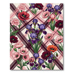 Vibrant Floral Irises Poppies Over Plaid Rug