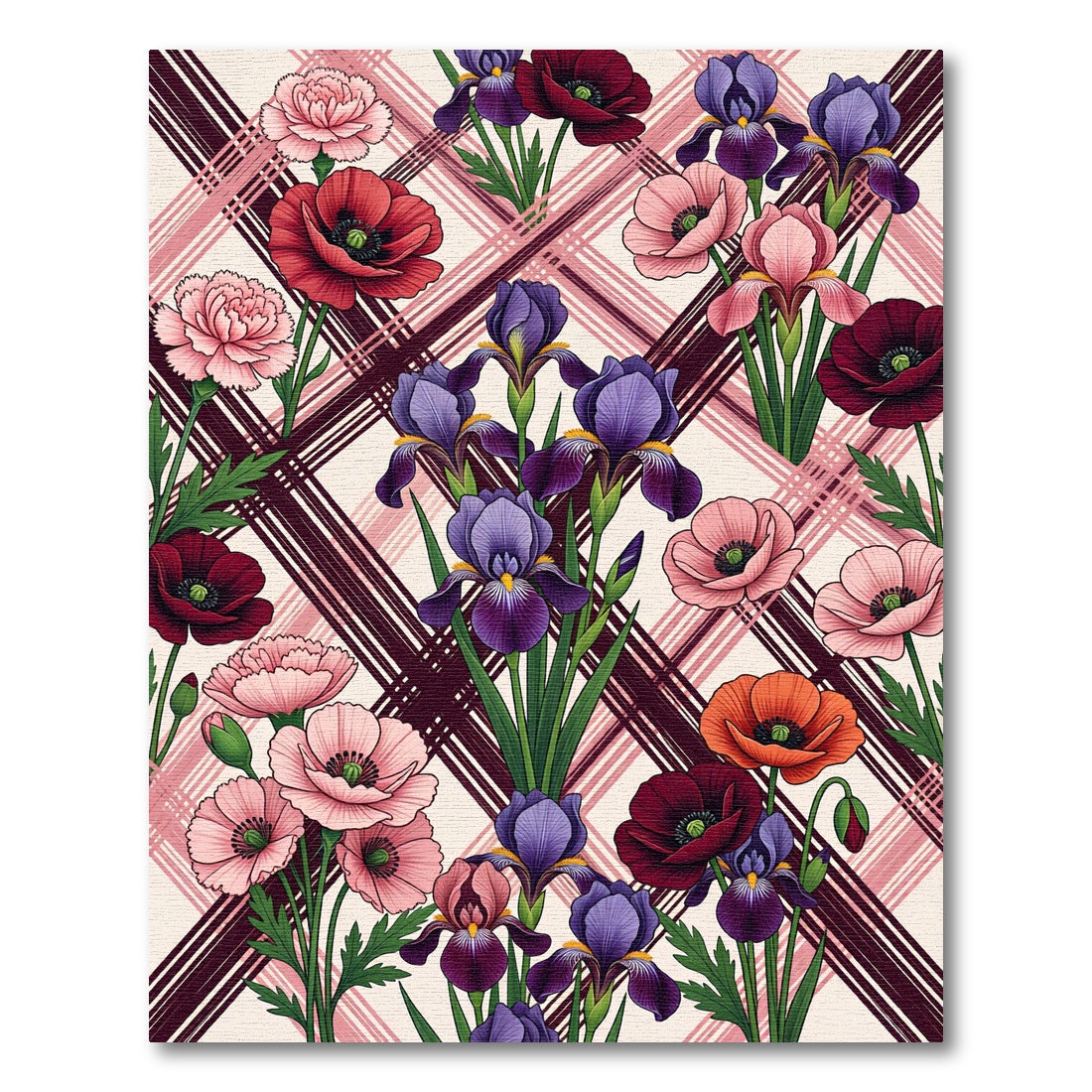 Vibrant Floral Irises Poppies Over Plaid Rug