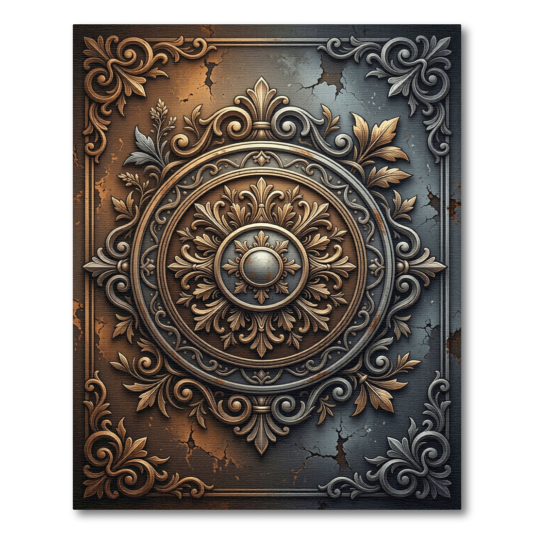 Ornate Golden Bronze Floral Medallion Rug