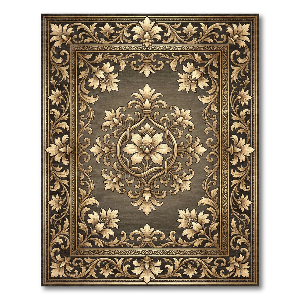 Antique Gold Floral Scroll Emblem Rug