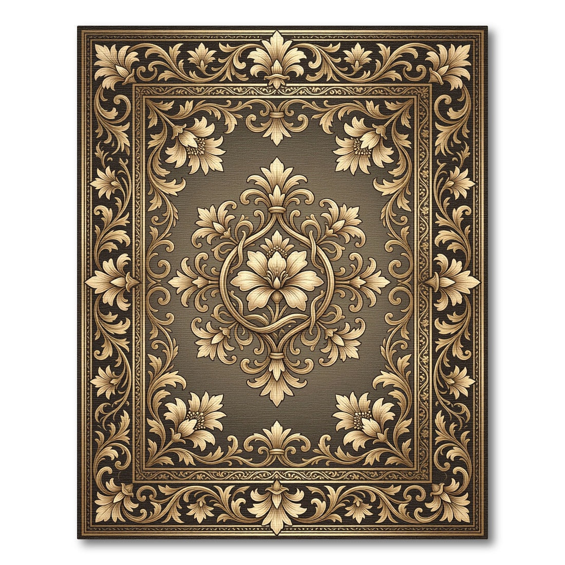 Antique Gold Floral Scroll Emblem Rug