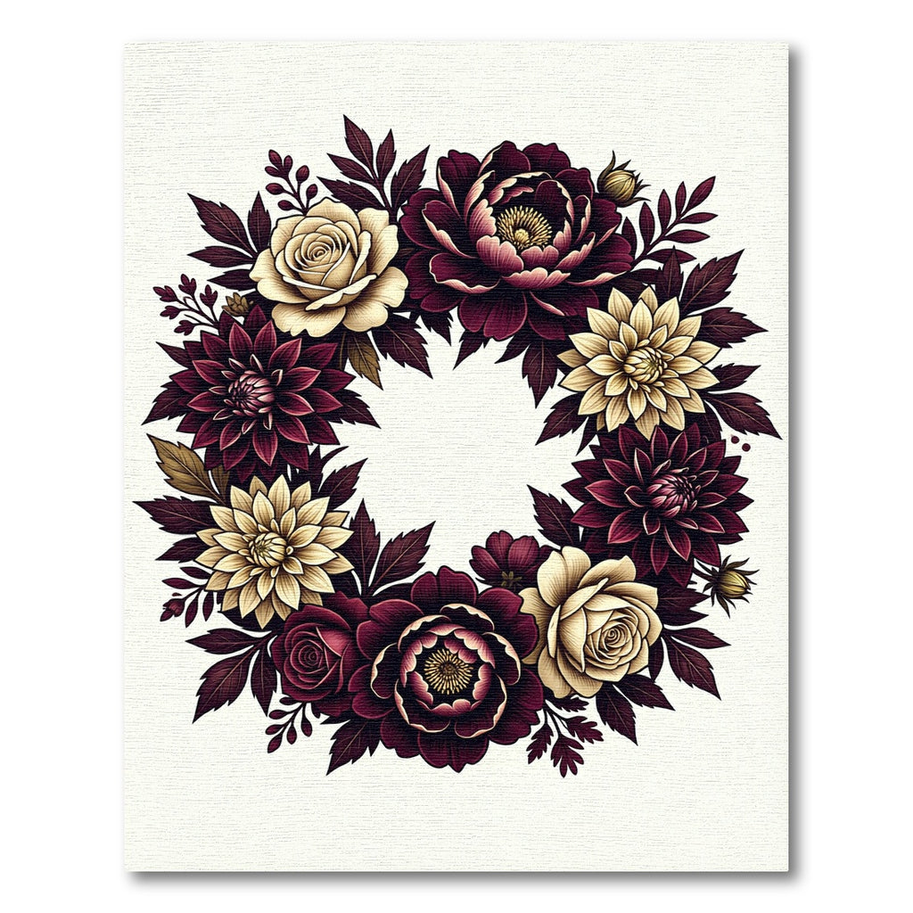Burgundy Cream Floral Wreath Round Rug