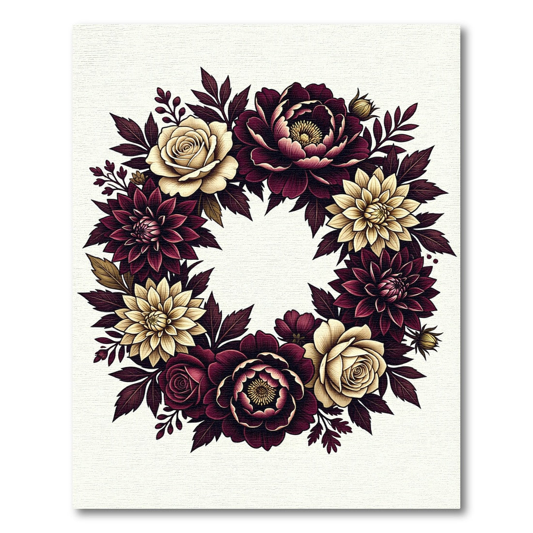 Burgundy Cream Floral Wreath Round Rug