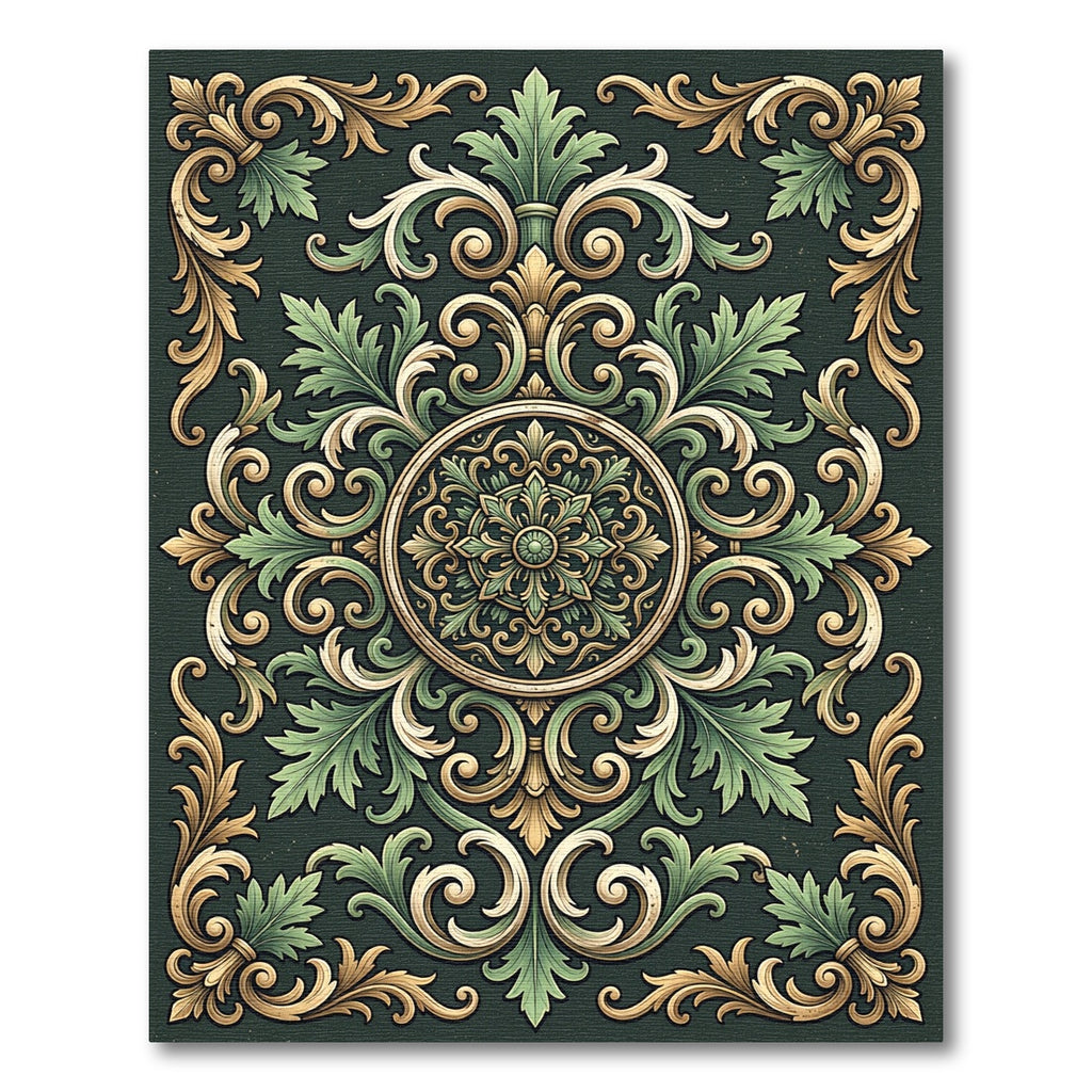 Ornate Olive Green Damask Medallion Rug