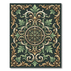 Ornate Olive Green Damask Medallion Rug