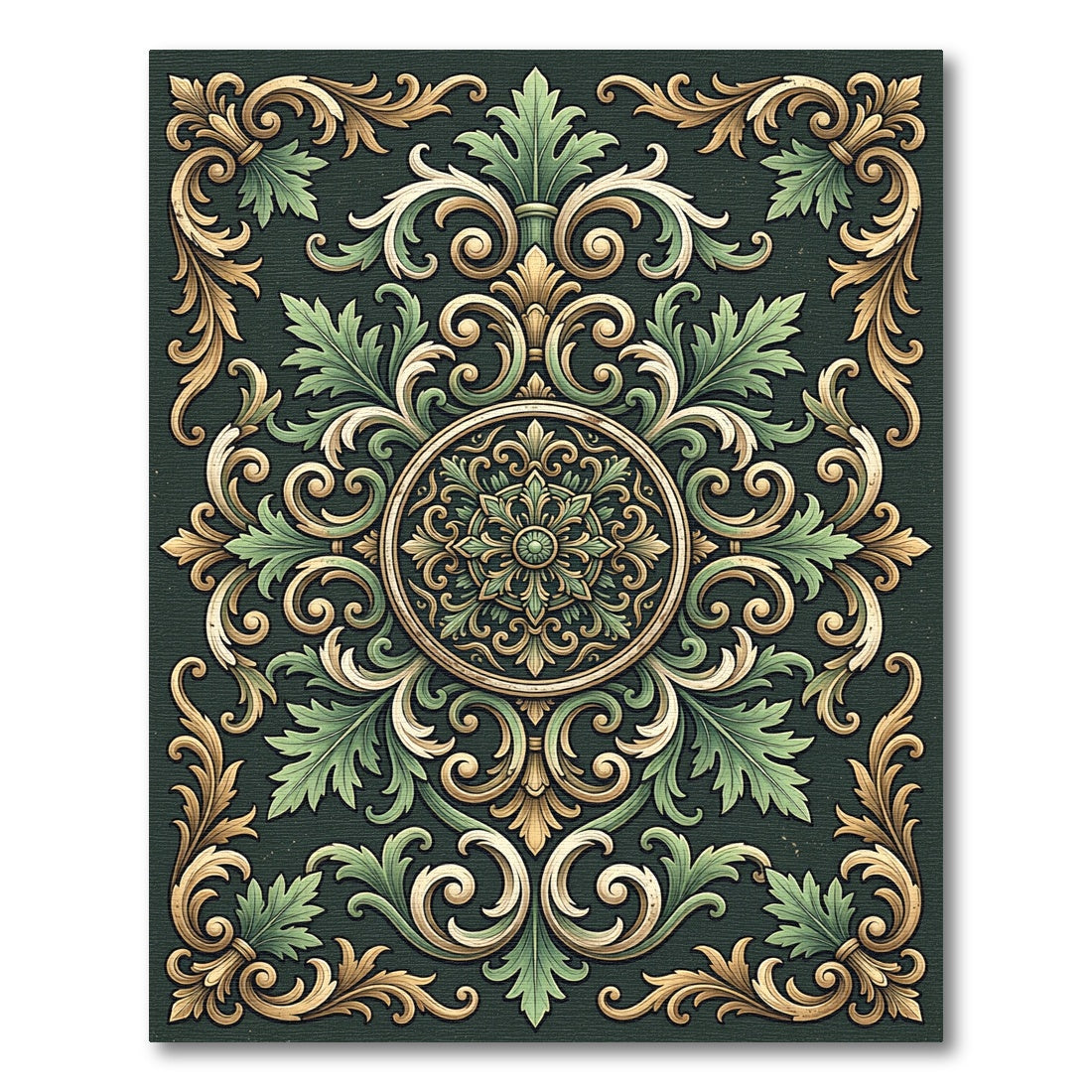 Ornate Olive Green Damask Medallion Rug