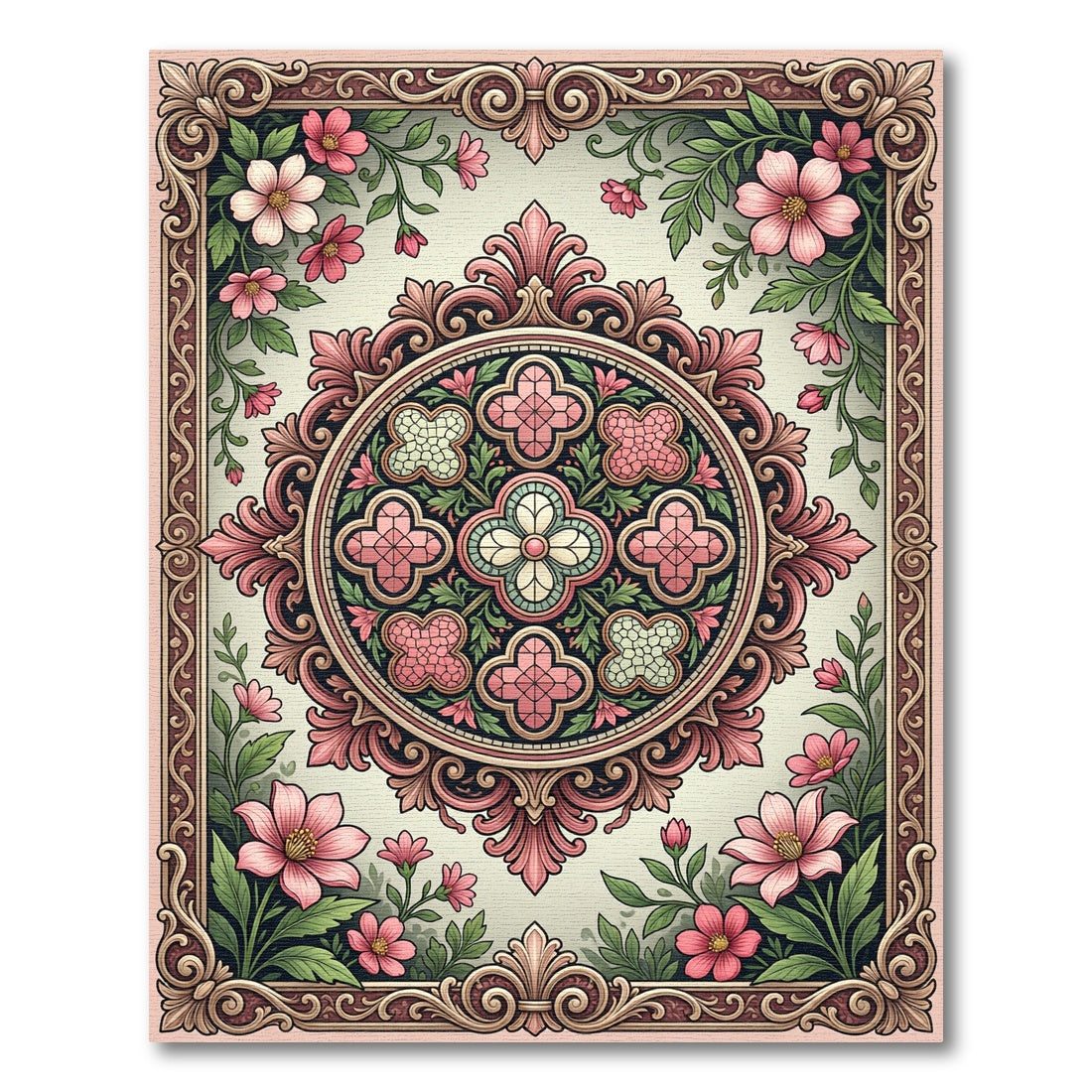 Pink Floral Medallion Garden Rococo Rug