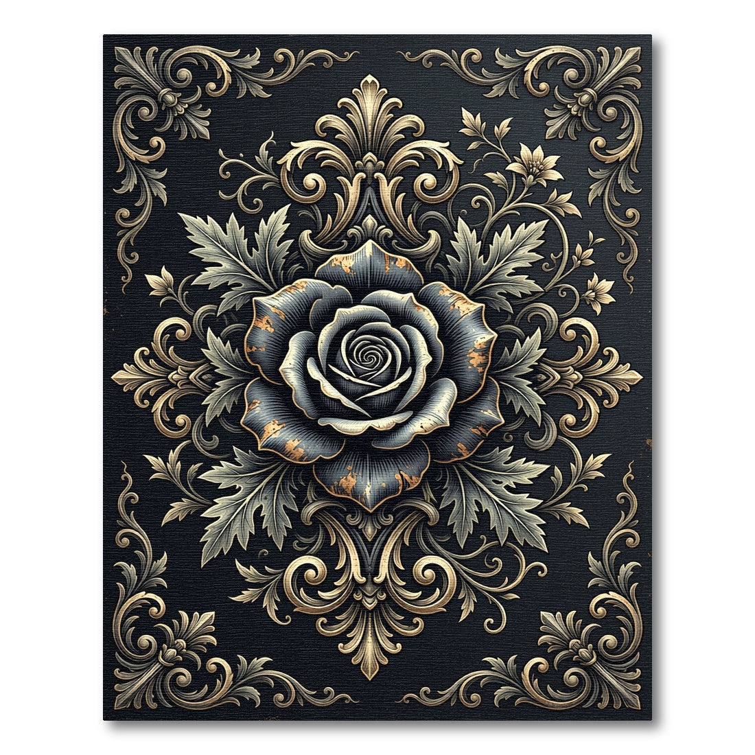 Regal Charcoal Rose Floral Damask Rug