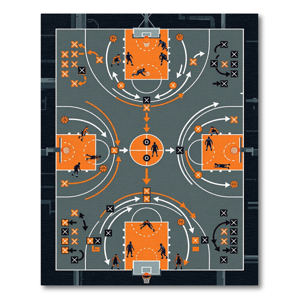 Strategic Orange Basketball Court Action Map Rug
