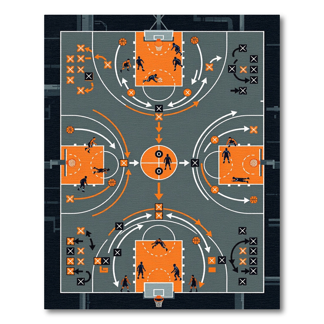 Strategic Orange Basketball Court Action Map Rug