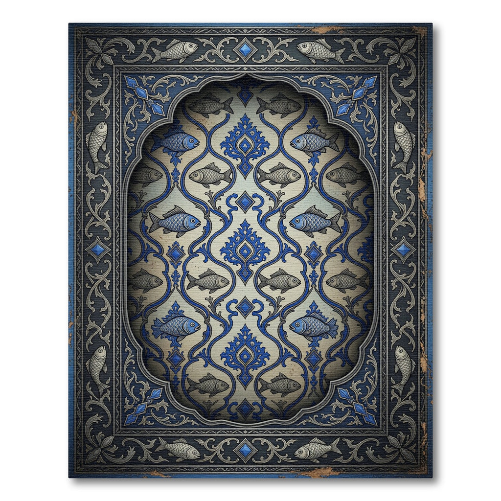 Folk Blue Fish Scroll Ornament Rug