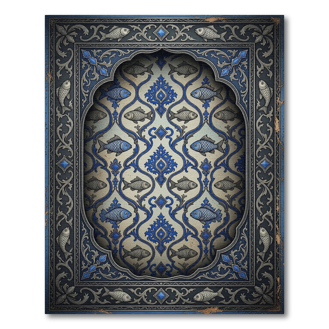 Folk Blue Fish Scroll Ornament Rug
