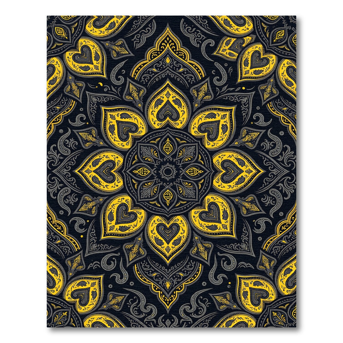 Golden Floral Medallion Black Mandala Rug