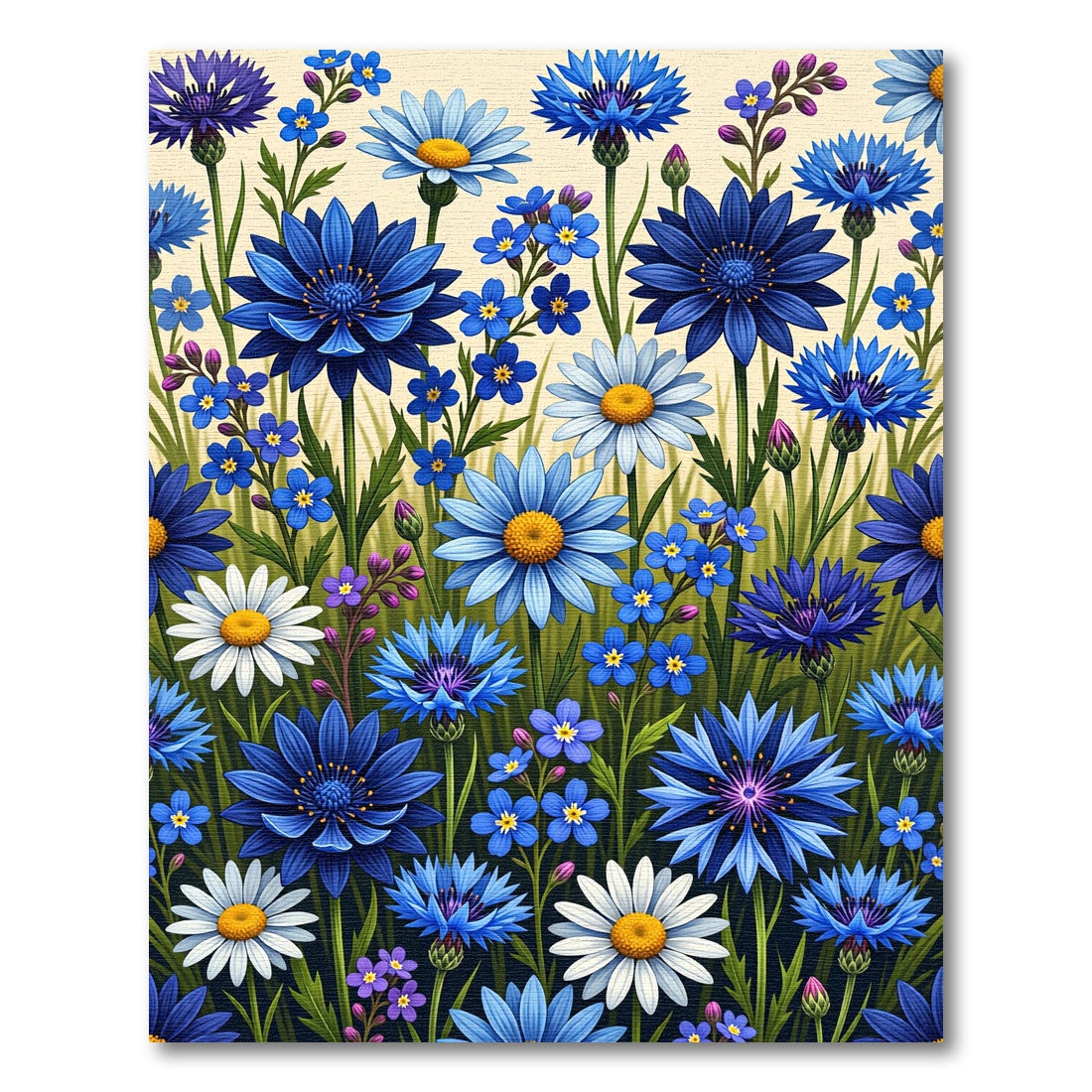 Vibrant Blue Cornflower and Daisy Meadow Rug