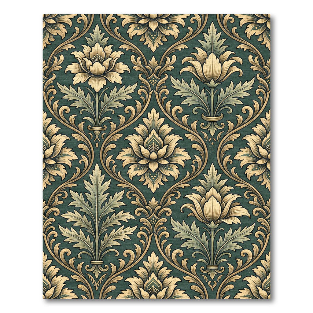 Dark Emerald Golden Damask Floral Rug