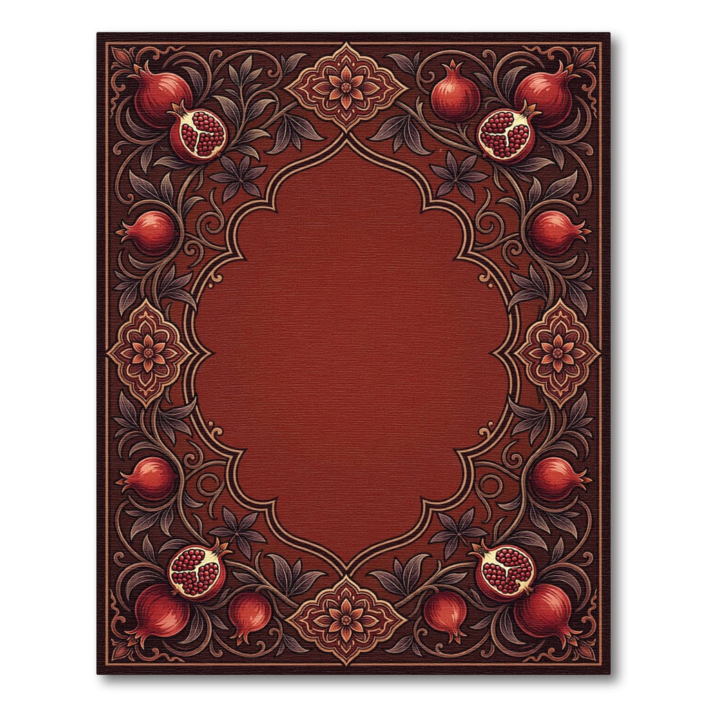Rich Crimson Pomegranate Floral Frame Rug