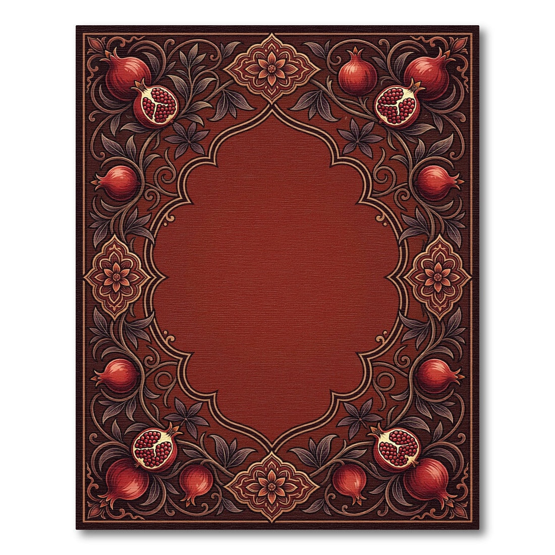 Rich Crimson Pomegranate Floral Frame Rug