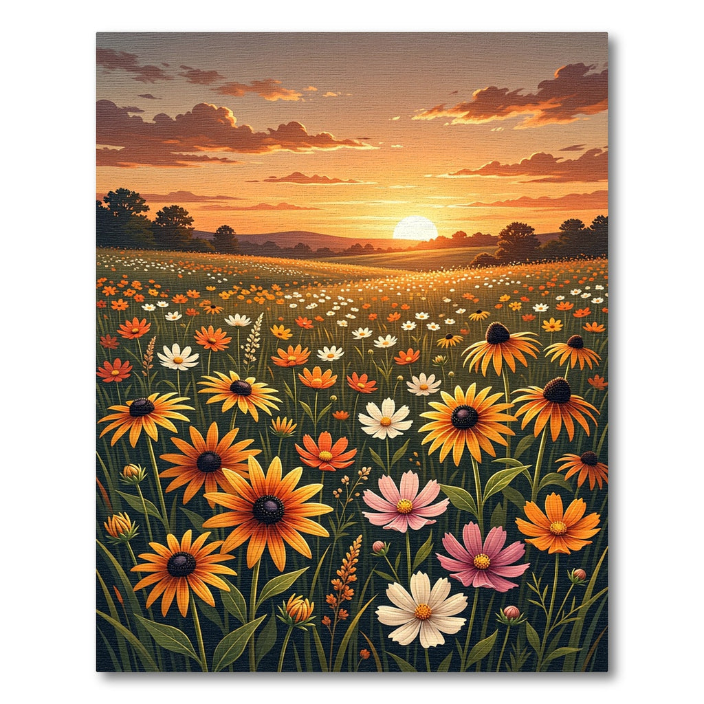 Golden Sunset Meadow Wildflower Landscape Rug