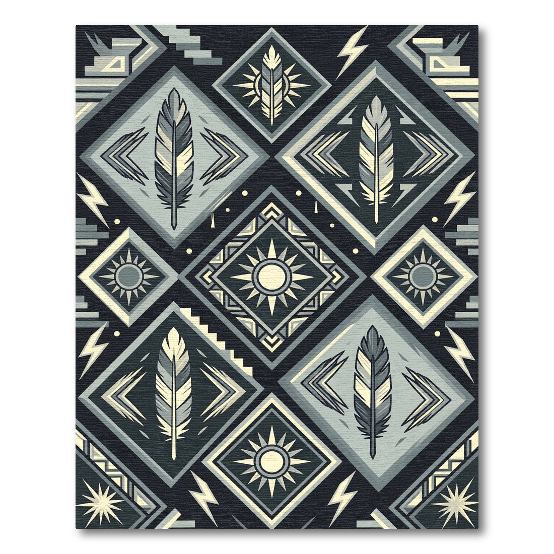 Geometric Feather Sun Monochrome Diamond Rug