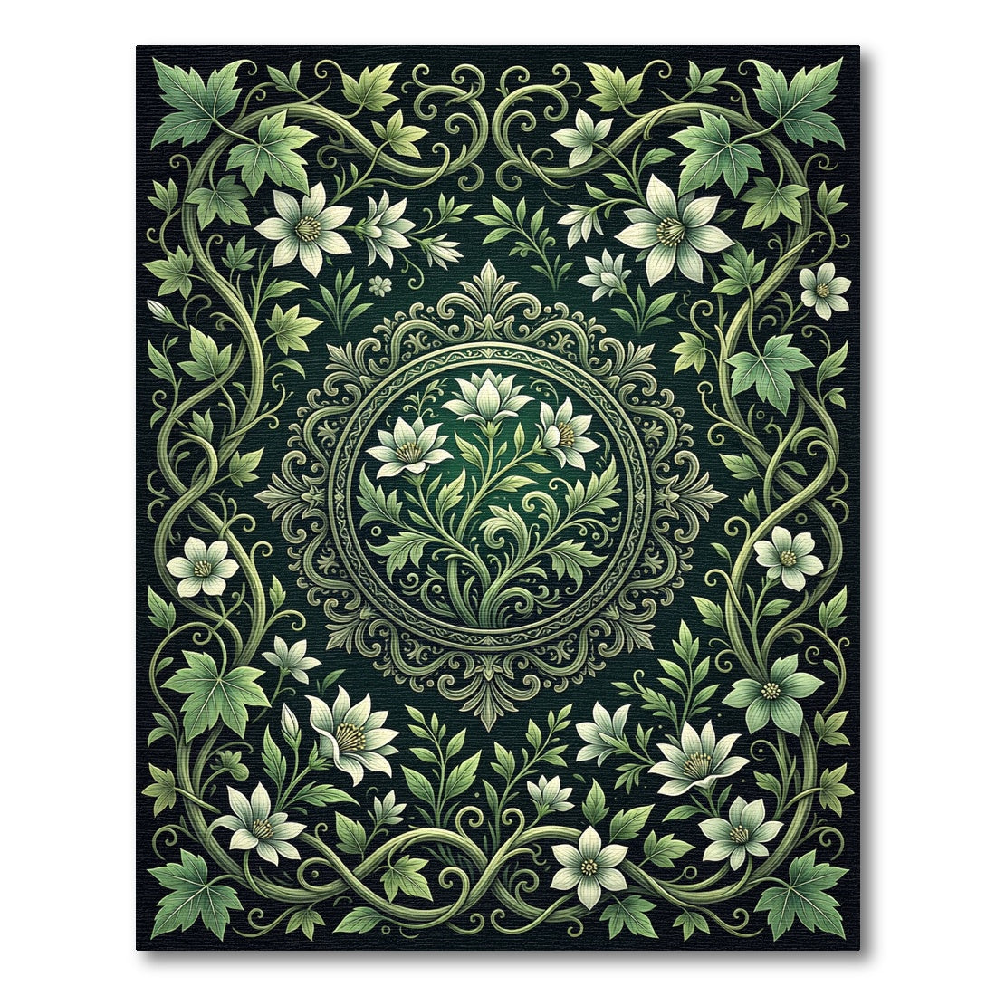 Elegant Green Botanical Floral Medallion Rug
