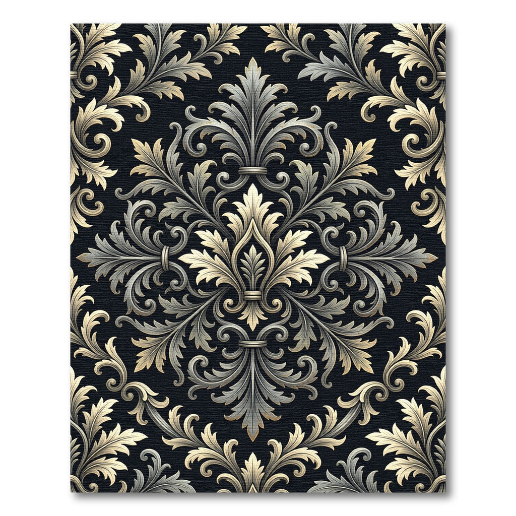 Elegant Charcoal Silver Damask Scroll Rug