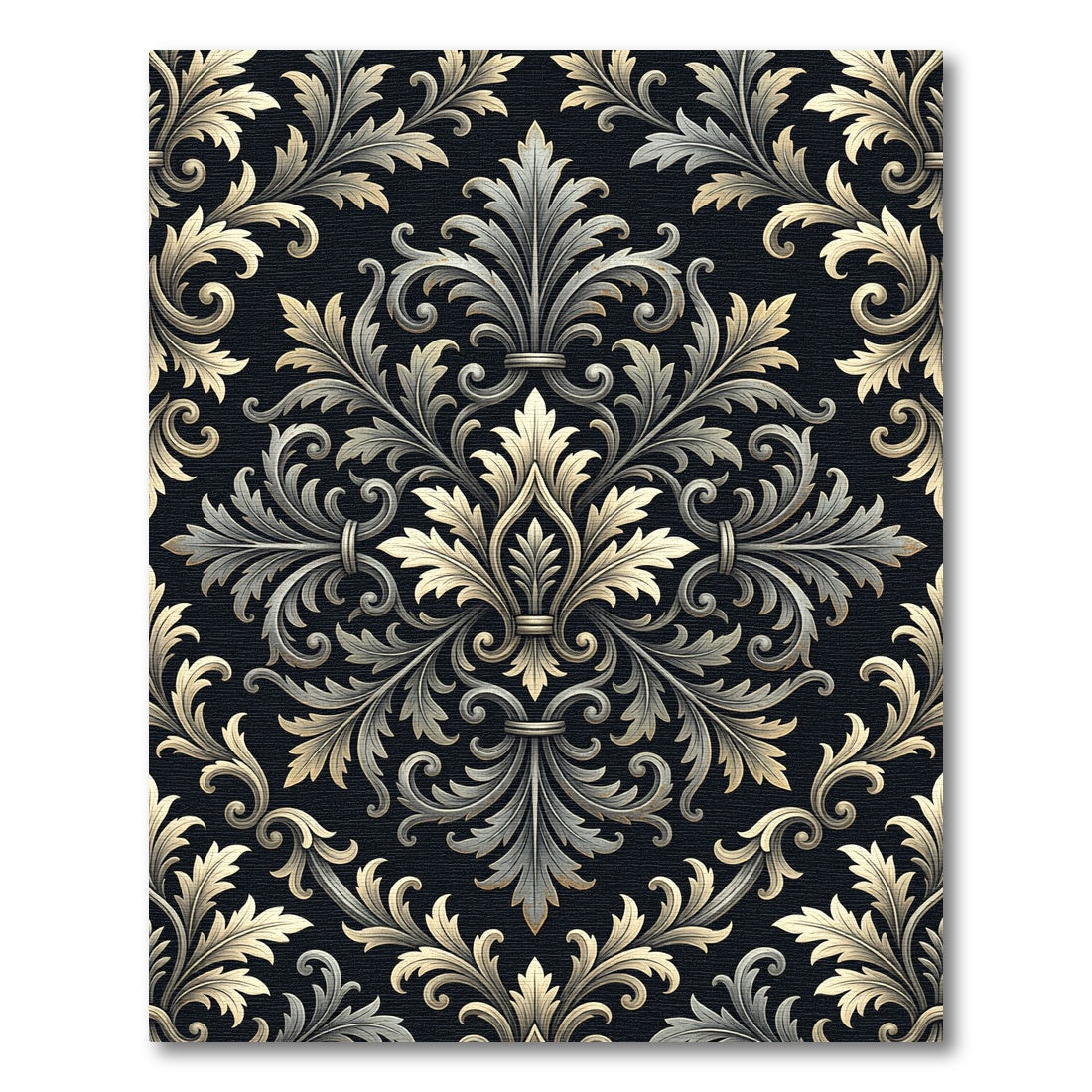 Elegant Charcoal Silver Damask Scroll Rug